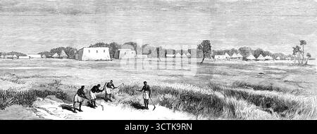Skizzen im Soudan: Abu Haras, in Kordofan, nahe El Obeid, 1883. Die wichtigsten Städte von Kordofan sind El Obeid, die Hauptstadt, in der die verheerende Schlacht ausgetragen wurde, und Bara, an der Nordstraße. Der nicht lange verstorbene österreichische Geograf und Reisende Ernst Marno war 1874 und 1875 in Kordofan; und aus seiner 1878 in Wien erschienenen „Reise in der AEgypt AEquatorial-Provinz und in Kordofan“ entnehmen wir einen Blick auf El Obeid und eine von Abu Haras, die südwestlich der Stadt liegt“. Aus Illustrated London News, 1883. Stockfoto