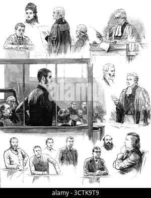 Der Prozess gegen Patrick O'Donnell im Old Bailey wegen Mordes an James Carey, 1883. "1. O'Donnell im Gefangenendock. Thomas Francis Carey, 15 Jahre alt, James Careys Sohn. 3. Mrs. Margaret Carey, seine Frau. 4. Mr. Polen, Anwalt der Staatsanwaltschaft. 5. Mr. Justice Denman. 6. Mr. C. Russell, Q.C., und Mr. A. M. Sullivan, Anwalt des Gefangenen. 7. General Pryor von der Anwaltskammer der Vereinigten Staaten. 8. James Parish, der erste Zeuge (ein Passagier, der die Tat gesehen hat). 9. Nahum Marks, ein Hotelbesitzer in Kapstadt. 10. Thomas Jones, Boatswain [der die Handlung ebenfalls gesehen hat]. 11. R. T. Cubitt, ein Passagier. 12. Stockfoto