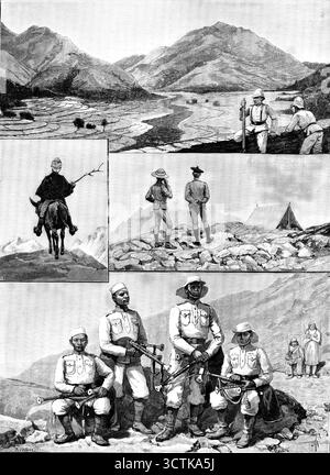 Mit der NiTi Field Force: Sketches on the Road to the Thibet Frontier, Himalaya, 1890. "1. Camp in Gunar, nahe der Grenze von Kumaon und Britisch-Garhwal. 2. "Napoleon überquert die Alpen." 3. Ein Rat des Krieges. 4. Gruppe von Ghoorka Pipern. Aus Camp Ramni schickt uns unser indischer Militärkorrespondent, Major C. Pulley, ein paar Skizzen, um die letzte Expedition an der Nordgrenze Indiens zu illustrieren. Eine kleine Truppe von Infanterie... macht sich auf den Weg zur thibetischen Grenze, um feindliche Überfälle und Plünderpraktiken zu kontrollieren. Aufgrund der Verspätung der Saison A Stockfoto