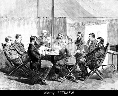 Sketches from Swasiland: Meeting of the British and Transvaal Commissioners with Swazi Chiefs, 1890. "Niederländische Rechtsberater, Sir F. de Winton; Herr T. Shepstone; General Smit, Vizepräsident der Republik Transvaal; Oberst Martin; Herr Van Alphen; Captain R. S. Baden-Powell, stellvertretender Militärsekretär am Kap; General Joubert, Kommandeur. Als die südafrikanischen Angelegenheiten 1884 neu geregelt wurden, verpflichteten sich die britische Regierung und die Transvaal-Regierung, die Unabhängigkeit der Swazi zu respektieren. Aber seit jener Zeit der weiße Abenteurer und die Hauptstadt, die auf seinem Weg hereinfließt, h Stockfoto