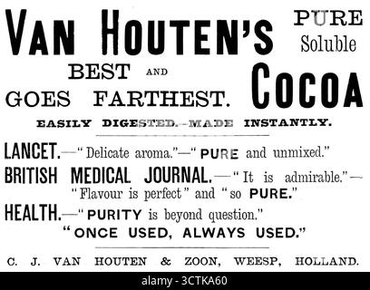 Werbung für Van Houten's Cocoa, 1890. Van Houtens REINER löslicher Kakao - am besten UND AM WEITESTEN ENTFERNT. LEICHT VERDAULICH. SOFORT HERGESTELLT. LANCET. - "Zartes Aroma", "REIN und unvermischt". BRITISH MEDICAL JOURNAL. - "Es ist bewundernswert", "Geschmack ist perfekt" und "so REIN". GESUNDHEIT. - "REINHEIT steht außer Frage." „EINMAL VERWENDET, IMMER VERWENDET.“ C. J. VAN HOUTEN &AMP; ZOON, WEESP, HOLLAND'. Der niederländische Chemiker und Schokoladenhersteller Coenraad Johannes van Houten (1801–1887) war bekannt für die Behandlung der Kakaomasse mit alkalischen Salzen, um das BI zu entfernen Stockfoto