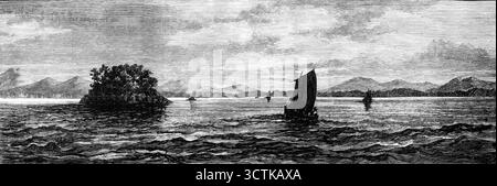 Die Straße von Sunda, wie sie nach dem Verlassen von Anjer gesehen wurde, 1883. Der schreckliche Vulkanausbruch in der Meerenge von Sunda, der die Insel Krakatoa und ihren hochtrabenden Kegel in Stücke zerbrach und Zehntausende Opfer forderte, hebt sich auffällig unter den tragischen Ereignissen von 1883 hervor. Obwohl einige Philosophen unsere jüngsten brillanten Sonnenuntergänge mit den atmosphärischen Auswirkungen der gewaltigen Krämpfe in Ostasien in Verbindung bringen, sind wir von solchen Induktionen für die weit verbreitete Zerstörung, die dadurch verursacht wird, ebenso wenig getröstet wie von der Gewissheit, dass die überatürliche Aktivität von s Stockfoto