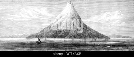 Die Insel Krakatoa, in der Meerenge von Sunda, dem Zentrum des späten Vulkanausbruchs, soll 1883 verschwunden sein. "Schreckliche Vulkanausbrüche ereigneten sich in der Sonntagnacht auf der Insel Krakatoa, in der Nähe von Java, und vieles Eigentum wurde in der Nähe von Batavia durch die Überschwemmungen zerstört, die durch den Aufstieg des Meeres infolge der damit einhergehenden Unterwasserstörung verursacht wurden. Die unteren Teile der Stadt Batavia wurden von einer Gezeitenwelle überschwemmt. Der Ort war am Montag mehrere Stunden lang in Dunkelheit, weil Ascheschauer aus dem Krakatoa-Vulkan heraustreten. Die bemerkenswertesten Eruptionen des Krakatoa-Kulms Stockfoto