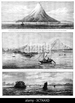 Der Vulkanausbruch in der Straße von Sunda, 1883. Die Insel Krakatoa, in der Meerenge von Sunda, dem Zentrum des späten Vulkanausbruchs, soll verschwunden sein. Ostküste und Inseln der Meerenge von Sunda, mit Anjer, einem Hafen von Java. Die Meerenge von Sunda, wie man sie nach dem Verlassen von Anjer sehen konnte, ist ein schrecklicher Vulkanausbruch, der die Insel Krakatoa und ihren hochtrabenden Kegel in Stücke zerbrach und ihre Opfer Zehntausende forderte, sticht auffällig unter den tragischen Ereignissen von 1883 hervor. Obwohl einige Philosophen unsere jüngsten brillanten Sonnenuntergänge mit den atmosphärischen Effekten in Verbindung bringen Stockfoto