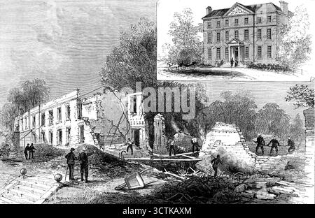 Schauplatz des verheerenden Feuers in der privaten Irrenanstalt in Southall, Middlesex, 1883. Nach der schrecklichen Katastrophe gingen sechs Leben unglücklich verloren, die von Dr. Robert Boyd, seinem Sohn William, zwei Patienten, Captain Williams und Mrs. Cullimore, Eliza O'Laughlin, der Koch und einer Dienerin Elizabeth Howe... nur ein paar verkohlte Knochen wurden zwischen den Ruinen gefunden... es waren etwa zwanzig Personen im Gebäude zur Zeit des Feuers, das nach Mitternacht ausbrach. Das Herrenhaus war ein auffälliges Objekt im Dorf Southall. Sie wurde von Sarah, Herzogin von Marlborough, erbaut. Stockfoto