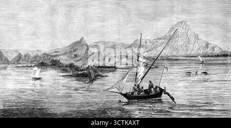 Ostküste und Inseln der Meerenge von Sunda, mit Anjer, einem Hafen von Java, 1883. '...no Warnungen oder Vorahnungen hätten genutzt werden können, um die Verwüstung zu kontrollieren, die durch das kombinierte Erdbeben und Seebeben verursacht wurde, das letzte Woche Land und Meer in der Meerenge von Sunda, dem Tor zum Chinesischen Meer, überschwemmte die Vulkaninsel Krakatoa, schuf mehr als ein Dutzend Vulkankrater und verursachte eine große Flutwelle, die viele blühende Städte in Java und Sumatra überschwemmte. Die Zerstörung von Leben und Eigentum durch diesen schrecklichen Krampfanfall ist gegenwärtig vermutet, aber es gibt Grund für die fea Stockfoto