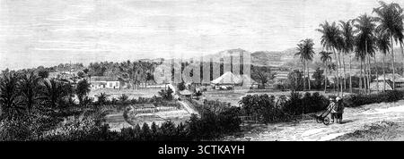 Telok Betong, Sumatra, einer der zerstörten Orte, 1883. Der schreckliche Vulkanausbruch in der Meerenge von Sunda, der die Insel Krakatoa und ihren hochtrabenden Kegel in Stücke zerbrach und Zehntausende Opfer forderte, hebt sich auffällig unter den tragischen Ereignissen von 1883 hervor. Obwohl einige Philosophen unsere jüngsten brillanten Sonnenuntergänge mit den atmosphärischen Auswirkungen der gewaltigen Krämpfe in Ostasien in Verbindung bringen, sind wir von solchen Induktionen für die weitverbreitete Zerstörung, die dadurch verursacht wird, ebenso wenig getröstet wie von der Gewissheit, dass die überatürliche Aktivität von Stockfoto