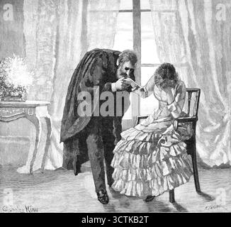"Ich glaube es", murmelte sie und streckte ihre kleine Hand aus, die er ehrfürchtig auf seine Lippen hob, 1883. Illustration zu „The Canon's Ward“ von James Payn, einer Kurzgeschichte, die in wöchentlichen Raten veröffentlicht wurde. Aus Illustrated London News, 1883. Stockfoto