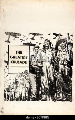 Der größte Kreuzzug, zwischen 1939 und 1946. Poster des Zweiten Weltkriegs: Alliierte Soldaten und Frauen marschieren mit Flugzeugen über dem Kopf Stockfoto