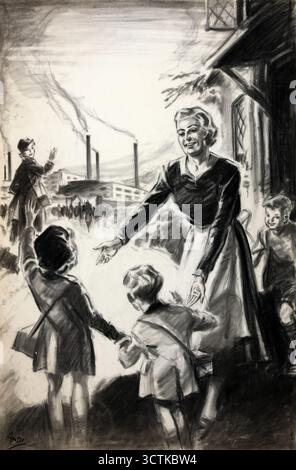 „Wenn du nicht in die Fabrik gehen kannst, hilf dem Nachbarn Who Can“, Poster zur Kinderbetreuung aus dem Zweiten Weltkrieg, zwischen 1939 und 1946. Stockfoto
