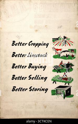 Der 5-Punkte-Plan zielt auf ein selbstversorgendes Dorf ab. Besserer Anbau, bessere Viehzucht, besserer Einkauf, besserer Verkauf, bessere Lagerung. Schließen Sie sich einer Village Produce Association an, oder gründen Sie sie, Poster aus dem Zweiten Weltkrieg, zwischen 1939 und 1946. Stockfoto