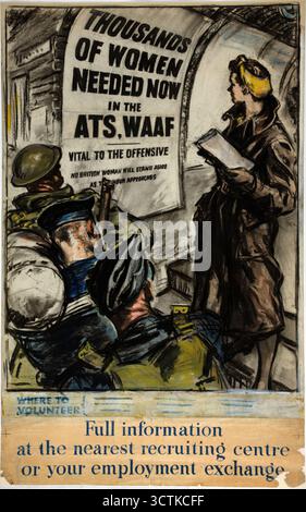 Forces Recruitment - "Tausende von Frauen brauchen jetzt in den ATS, WAAF", Poster zum Zweiten Weltkrieg, c1939-c1945. "Entscheidend für die Offensive - keine britische Frau wird sich bei naher Stunde zurückhalten - vollständige Informationen im nächstgelegenen Rekrutierungszentrum oder bei Ihrem Arbeitsaustausch". Der ATS - Auxiliary Territory Service - war der Frauenverband der britischen Armee. Die WAAF – Women's Auxiliary Air Force – war die weibliche Hilfskraft der Royal Air Force. Stockfoto