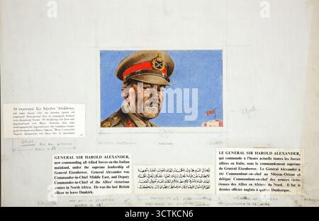 General Sir Harold Alexander befehligte zwischen 1939 und 1946 alle alliierten Truppen auf dem italienischen Festland unter der obersten Führung von General Eisenhower. General Alexander war Oberbefehlshaber des Nahen Ostens und stellvertretender Oberbefehlshaber der siegreichen Armeen der Alliierten in Nordafrika. Er war der letzte britische Offizier, der Dunkirk verlassen hat. Stockfoto