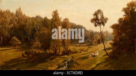 Ukrainische Landschaft, 1770er/1780er Jahre Im Gras sonnen sich zwei Frauen in ukrainischen Volkskleidung in der Sonne. Bunte Blätter und ein sauberer, blauer Himmel lassen vermuten, dass der Künstler das Gemälde geschaffen hat, um die Atmosphäre und die Farben des frühen Herbstes hervorzuheben. Stockfoto