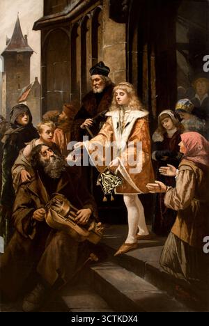 Der Heilige Kasimir Gibt Alms, 1884. Der heilige Kasimir Jagiellon gibt Alms, der heilige Kasimir der Prinz, der heilige Kasimir Jagiellon teilt Alms. Ein junger Mann in einem Pelzmantel und weißer Kleidung schenkt einem Bettler eine Münze auf den Stufen eines Kircheneingangs. Hinter der wohlwollenden Figur schaut ein älterer Mann stolz zu, während verschiedene Zuschauer den Akt der Wohltätigkeit beobachten. Stockfoto