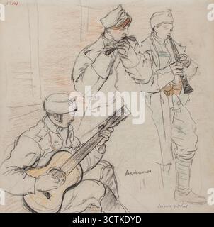 Legionaires Playing, Dez 1915 - Feb 1916. Viele Profi- und Amateurmusiker dienten in den Legions. In ihrer Freizeit spielten die Soldaten zum Vergnügen, für sich und für ihre Kollegen. Eine solche Szene zeichnete Gottlieb in Legionowo, der Winterhauptstadt der polnischen Legionen an der Wolhynischen Front. Die Soldaten sind in Mänteln, was darauf hindeutet, dass sie nicht drinnen, im Quartier, sondern draußen spielen. Gottlieb blieb vom 6. Dezember 1915 bis zu den ersten Tagen des Januar 1916 in Legionowo und porträtierte Offiziere des Hauptquartiers der Polnischen Legionen und verschiedene ihm unterstellte Einheiten. Stockfoto