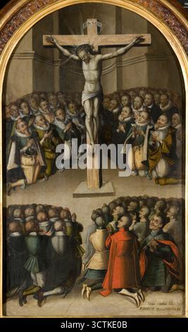Verehrung des Kruzifix aus der Norbertinischen Kirche in Wit&#xf3;W, 1622. Die dargestellte Szene findet in einem undefinierten Innenraum statt. In der Mitte ist ein Kreuz, an dem der Körper des Erlösers hängt. Kniende Männer versammeln sich um das Kreuz in vier engen Gruppen, Kopf für Kopf, konzentriert in den vier Ecken der Szene. Wir erkennen König Sigismund III. Unter den Menschen, die hinter dem Kruzifix knieten und dem Betrachter zugewandt sind. Es handelt sich um ein für die barocke Malerei typisches Aktualisierungsverfahren, das von vielen Künstlern dieser Zeit verwendet wurde, was bedeutet, dass nicht-heilige Figuren aus dem gegenwärtigen Leben und eingeführt werden Stockfoto
