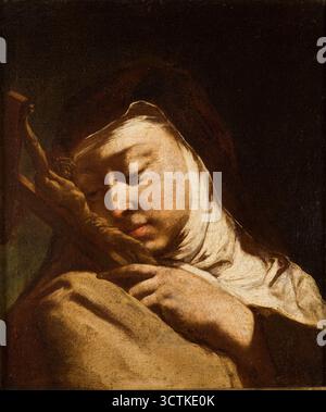 Saint Teresa von Ávila, die das Kreuz betrachten, zwischen 1740 und 1750. Teresa ist in einem büstenlangen Format dargestellt und hält ein Kruzifix mit dem Bild des Gekreuzigten Christus, an den sie ihr Gesicht schmiegt. Der friedliche und konzentrierte Blick auf das Gesicht der heiligen und die halb geschlossenen Augen spiegeln ihre tiefe Gebetserfahrung wider. Stockfoto