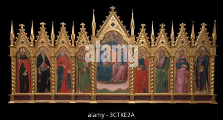 Polyptychon-Krönung von Maria und Heiligen: Antonius, Augustinus, Blaise, Philipp, Jakobus der Grosse, Lucy, Mary Magdalene, Lawrence, zwischen 1350 und 1380. Neun erhaltene Gemälde des venezianischen Polyptychons wurden in einen neogotischen Rahmen aus dem 19. Jahrhundert gesetzt, da die ursprüngliche architektonische Umgebung leider nicht erhalten ist, wahrscheinlich voller vergoldeter Skulpturenelemente im Stil der extravaganten venezianischen Gotik. Im zentralen Teil des Polyptychons befand sich ein Gemälde mit der Szene der Krönung der Jungfrau Maria. Dieses Thema wurde besonders oft von den Künstlern des venezianischen t aufgegriffen Stockfoto