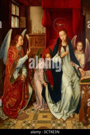 Verkündigung, 1892. Memling hat die Szene der Verkündigung in einem typischen Schlafzimmerinnenraum mit alltäglichen Gebrauchsgegenständen verortet, die dennoch mit ihrem symbolischen Inhalt relevant bleiben. Eine transparente Glaskaraffe mit weißen Lilien symbolisiert Marias Keuschheit. Gabriel der Erzengel hält ein Zepter in der Hand, das Symbol seiner göttlichen Mission, und ist in liturgische Gewänder gekleidet. Maria wird von zwei Engeln in weißen Alben mit einer Taube, dem Symbol des Heiligen Geistes, unterstützt, die über ihrem Kopf schwebt. Stockfoto