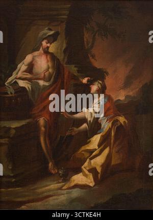 Christus erscheint Maria Magdalena als Gärtner (Noli me tangere), 2. Hälfte des 18. Jahrhunderts. „Noli me tangere“ (berühre mich nicht) sind die Worte, die der auferstandene Christus Maria Magdalena gesagt hat, als sie ihn berühren wollte, nachdem er ihn als Gärtner erkannt hatte. Diese Szene wurde im Johannesevangelium (Johannes 20,14-18) beschrieben. Auf der linken Seite des Gemäldes sehen wir Christus in einem Hut, der eine Geste macht, um die Frau davon abzuhalten, vor ihm zu knien und ihre Hände zu ihm auszustrecken. An Christi Füßen sind Nagelwunden sichtbar. Neben Maria Magdalena gibt es ein Gefäß für Öle und Salben. Stockfoto