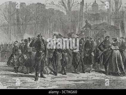Deutsch-französischer Krieg (1870–1871): Abgang des 10. Regiments der Nationalgarde in die Außenposten, Frankreich, 1871. Aus Historia de la Guerra de Francia y Prusia (Geschichte des Krieges zwischen Frankreich und Preußen), Band II, veröffentlicht in Barcelona, 1871. Stockfoto