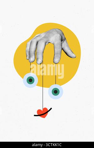 Bannerbild Zine Art Pop Trend Collage der menschlichen Hand Kontrolle Gesicht Element Emoji Augapfel Mund Marionette nonverbale soziale Medien Stockfoto