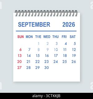 Kalenderseite September 2026 mit Datum und Monat Stock Vektor
