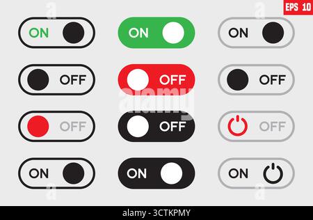 Ein- oder Ausschalter. Satz der Schalttasten-Symbolsätze. Schalten Sie die Schaltertaste ein und aus. Kippschalter ein und aus. Vektorsymbol ein und aus Stock Vektor