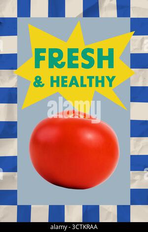 Skizze Bild Design Trend Artwork Collage des Posters frisch gesund große Tomate Gemüse Ernte kulinarische Küche Koch Abendessen Küche Stockfoto