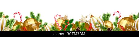 Weihnachtsbanner mit nahtlosen Golddekorationen isoliert, Feiertagsgrenze, goldene Weihnachtskugeln, Zuckerstangen, Tannenzweige, stechpalme und Tannenzapfen, CH Stock Vektor