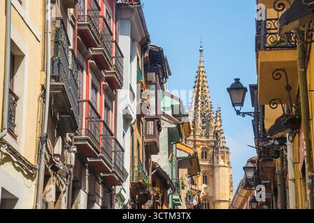 Straße in der Altstadt und Turm der Kathedrale. Oviedo, Spanien. Stockfoto