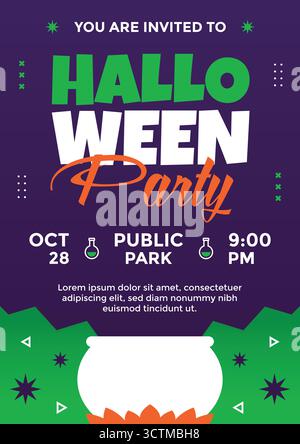 Festliches Poster mit Poster mit Trinkflaschen, Sternen und einem Kessel mit Flammen für eine verspielte und gruselige Atmosphäre. Stock Vektor