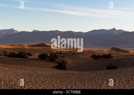 Sonnenuntergang über den Mesquite Flat Dunes mit weit entfernten Menschen, die der riesigen Wüstenlandschaft und den glühenden Bergen noch mehr Größe verleihen Stockfoto