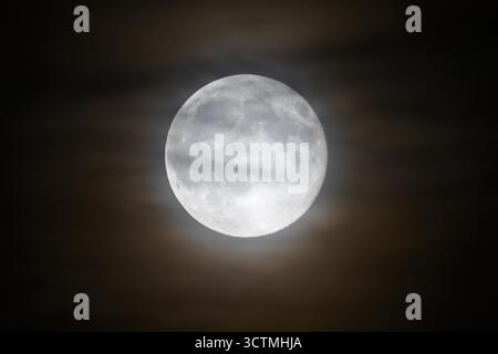 Bridport, Dorset, Großbritannien. Oktober 2025. Wetter in Großbritannien. Der Vollmond des Harvest Moon scheint durch die hohen Wolken, die sich über Bridport in Dorset verbergen. Dieser Monat Vollmond ist der erste von drei Supermonden in den letzten drei Monaten des Jahres 2025. Bildnachweis: Graham Hunt/Alamy Live News Stockfoto