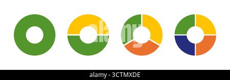 Infografik mit mehrfarbigen Diagrammen. Bunte Donut-Diagramme, Torten segmentiert auf 1 bis 4 gleiche Teile. Kreisschnittdiagramm. Die Räder sind in geteilt Stock Vektor