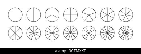 Teile des Diagrammrads von 1 bis 14. Vorlage für Tortendiagramm. Coaching leer. Segmentiertes Diagramm. Schwarze Grafiken konturieren. Tortendiagramme, Pizzakarten Set Stock Vektor