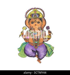 Lord Ganesh zeichnet mit farbigen Bleistiften. Ganapati Hindu-Gott, Kinder-Illustration Zeichentrickstil. Handgezeichneter indischer religiöser Charakter. Kunst für Stockfoto