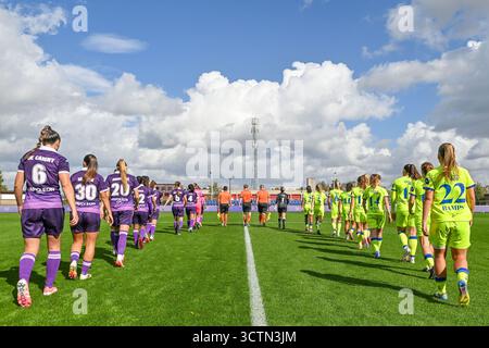 Deinze, Belgien. Oktober 2025. Die Spieler, die das Feld betreten, werden vor einem Frauenfußballspiel zwischen RSC Anderlecht Women und AA Gent Ladies am dritten Spieltag der Saison 2024 - 2025 der Belgischen Lotto Womens Super League am Samstag, 4. Oktober 2025 in Deinze, Belgien, gezeigt. Quelle: Sportpix/Alamy Live News Stockfoto