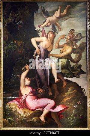 Allegorie der Tugend, 1585 circa, Öl auf Leinwand, JACOPO LIGOZZI, Uffizien Galerie, Galeria degli Uffizien, Florenz, Florenz, Toskana, Italien. Stockfoto