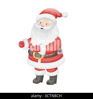 Weihnachtsmann. Aquarellillustration eines alten Mannes mit weißem Bart und rotem Hut. Symbol für Neujahr und Weihnachten. Isolierter, weißer Hintergrund. Stockfoto
