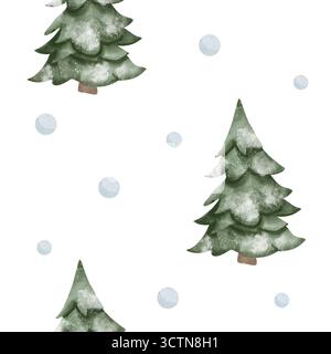 Nahtloses Aquarellmuster mit schneebedeckten Weihnachtsbäumen und hellblauen Schneebällen auf weißem Hintergrund. Winterliches Design für Geschenkpapier, Stoff oder Weihnachtsdekoration Stockfoto