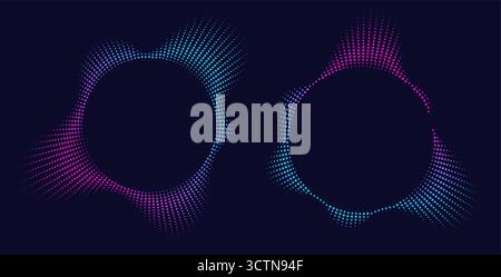 Sound-Equalizer-Symbole mit Linien und Punkten, Farbverlauf-Neon-kreisförmige Sound-Wellen-Rahmen, abstrakte Radialmusik-Symbole. Stock Vektor
