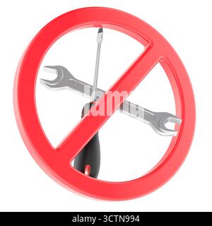 Rotes Verbotssymbol mit Kreuzschlüssel und Schraubendreher. 3D-Rendering isoliert auf weißem Hintergrund Stockfoto