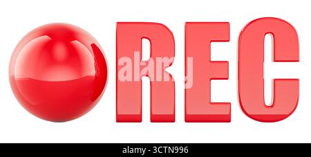 Aufzeichnungsbuchstaben, die das Zeichen für Aufnahme oder Videoaufnahme darstellen. 3D-Rendering isoliert auf weißem Hintergrund Stockfoto