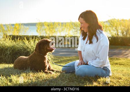 Porträt eines braunen portugiesischen Wasserhundes draußen auf Gras mit Frau Stockfoto