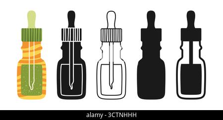 Kosmetisches Serum, Flasche mit Öl-Zeichentrickset. Symbol für Hautpflegetherapie-Medizin. Pharmazeutischer Dermatologe, Schönheitssalondesign medizinisches Logo, Silhouette Vektor Illustration Stock Vektor