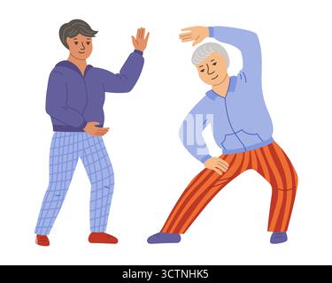 Älteres Paar beim Yoga. Gesundheit Übung Erwachsene Senor und Senora Hobbys. Ältere Charaktere alte Männer und Frauen Fitness, Entspannung Gymnastik Gym, Stretching, Pilates Vektor Design Illustration Stock Vektor