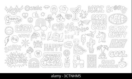 Retro Happy Aufkleber Set mit Doodle. Vintage-Comic-Label Smiling Face, trendiger cooler Sticker im Retro-Cartoon-Stil der 90er Jahre. Naive verspielte alte Schule groovy Zitat Patch Bundle Vektor Spaß Ausmalbuch Stock Vektor
