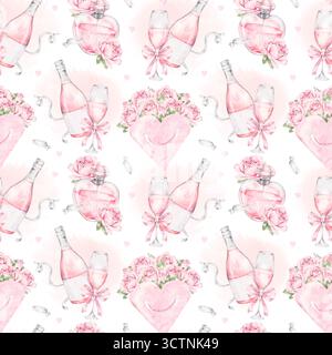 Nahtloses Aquarellmuster mit rosafarbenen Champagnerflaschen, Gläsern, Bändern, Rosensträußen und Herzen. Romantische Illustration für Valentinstag c Stockfoto